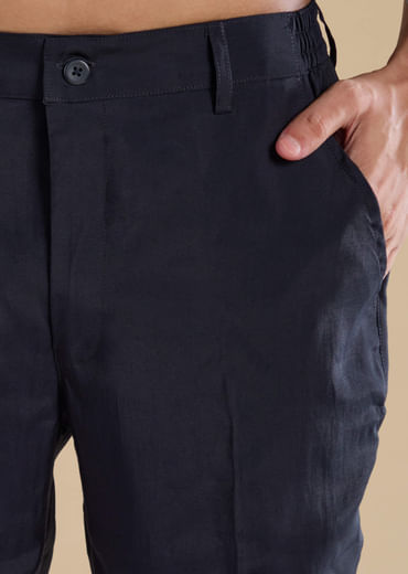 Navy Blue Jacquard Silk Jacket Kurta Set with Resham