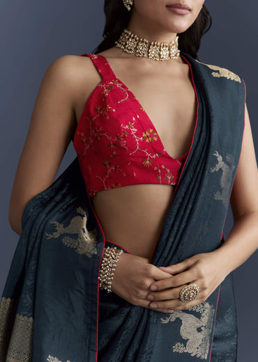 Navy Blue Jacquard Woven Saree With Intricate Zari Embroidery