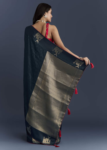 Navy Blue Jacquard Woven Saree With Intricate Zari Embroidery