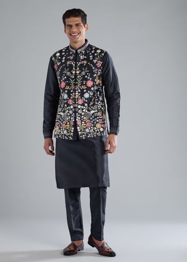 Navy Blue Kurta Jacket Set With Thread Resham Work