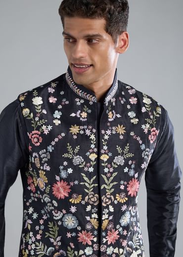 Navy Blue Kurta Jacket Set With Thread Resham Work