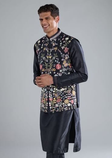 Navy Blue Kurta Jacket Set With Thread Resham Work
