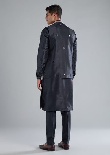 Navy Blue Kurta Jacket Set With Thread Resham Work