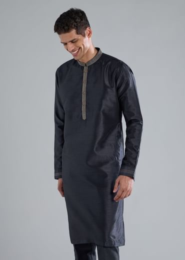 Navy Blue Kurta Jacket Set With Thread Resham Work