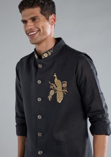 Navy Blue Kurta Jacket Set With Zardosi Hand Work
