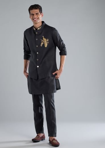 Navy Blue Kurta Jacket Set With Zardosi Hand Work