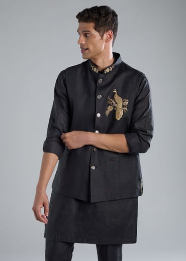 Navy Blue Kurta Jacket Set With Zardosi Hand Work