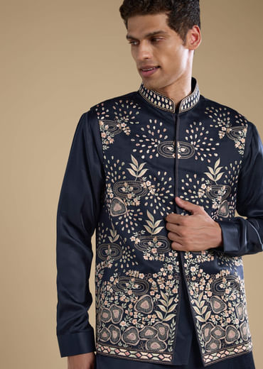 Navy Blue Linen Jacket Kurta Set with Patch Work