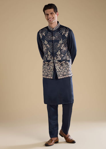 Navy Blue Linen Jacket Kurta Set with Patch Work