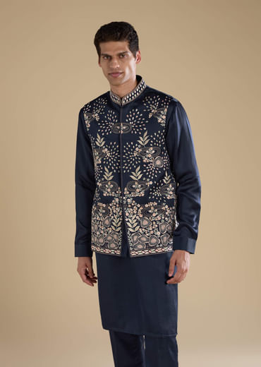 Navy Blue Linen Jacket Kurta Set with Patch Work