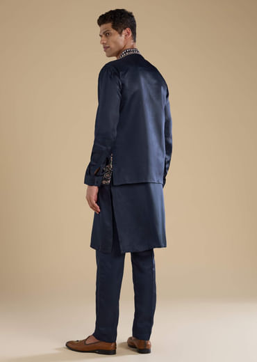 Navy Blue Linen Jacket Kurta Set with Patch Work