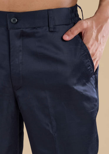 Navy Blue Linen Jacket Kurta Set with Patch Work