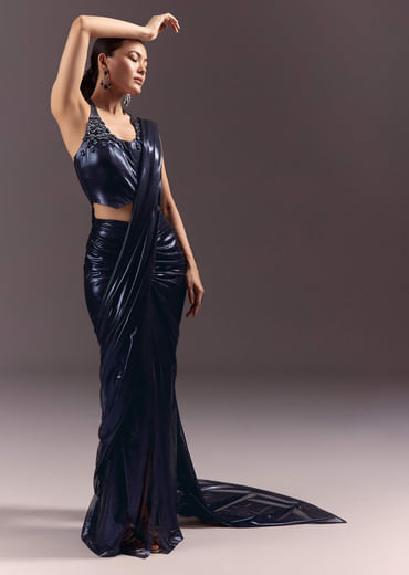Navy Blue Lycra Sequin Saree With Halter Neck Blouse