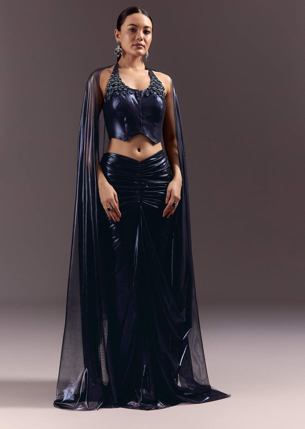 Navy Blue Lycra Sequin Saree With Halter Neck Blouse Navy Blue Lycra Sequin Saree With Halter Neck Blouse