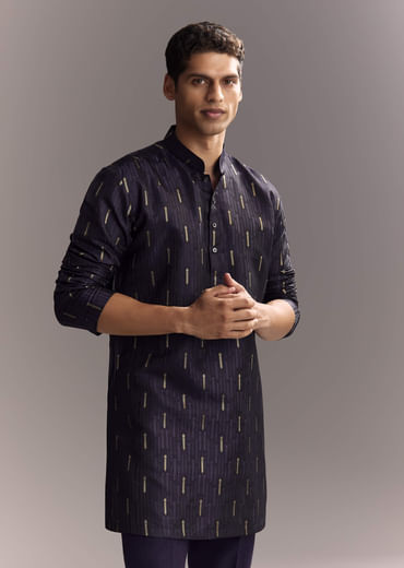 Navy Blue Matka Silk Jodhpuri Suit For Men With Hand Embroidery