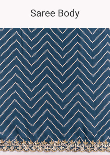 Navy Blue Muslin Ajrakh Printed Saree With Gota And Mirror Work