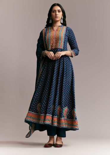 Navy Blue Printed Anarkali Set
