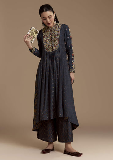 Navy Blue Printed Cotton Kurta and Palazzo Set