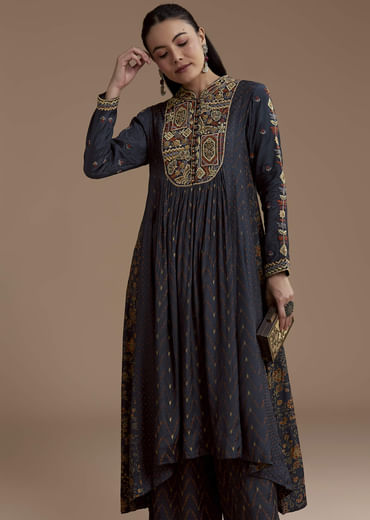 Navy Blue Printed Cotton Kurta and Palazzo Set