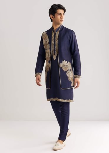 Navy Blue Rawsilk Jacket Kurta Set With Floral Beaded And Threadwork