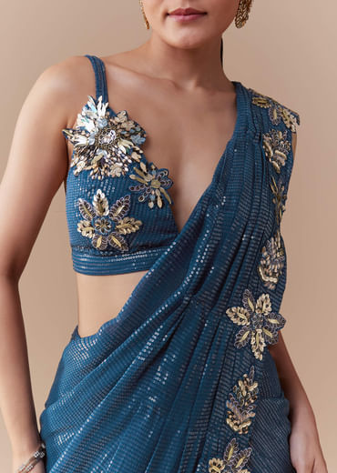 Navy Blue Ready Pleated Georgette Saree with Sequins Blouse