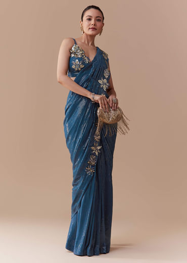 Navy Blue Ready Pleated Georgette Saree with Sequins Blouse
