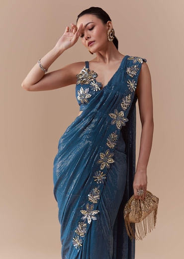 Navy Blue Ready Pleated Georgette Saree with Sequins Blouse