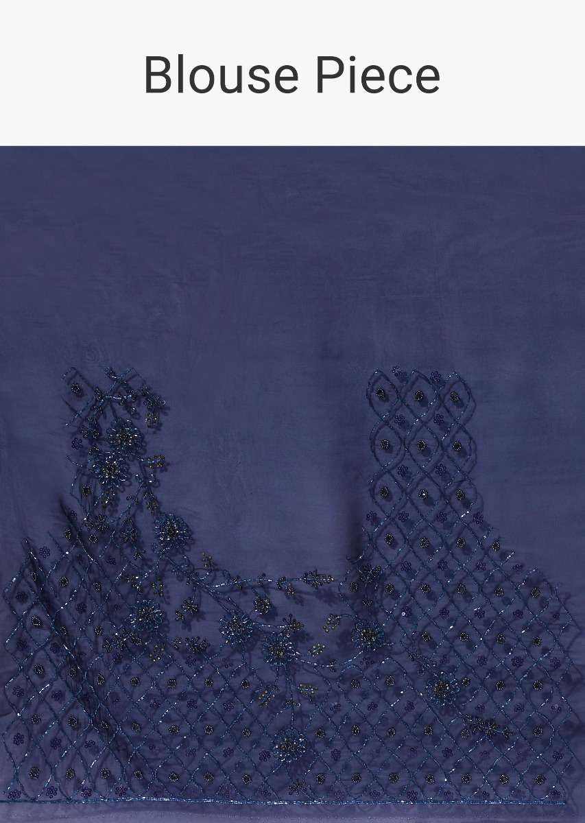 Navy Blue Saree In Organza Featuring Colorful Resham Embroidered Floral Design On The Border Paired With Unstitched Blouse Online - Kalki Fashion