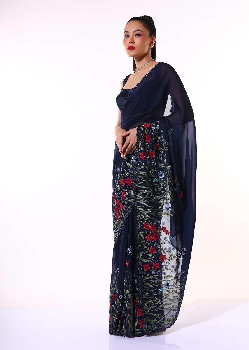 Navy Blue Saree In Organza Featuring Colorful Resham Embroidered Floral Design On The Border Paired With Unstitched Blouse Online - Kalki Fashion