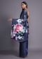Navy Blue Saree In Satin Blend Adorned With Floral Print And Kundan Accents Online - Kalki Fashion