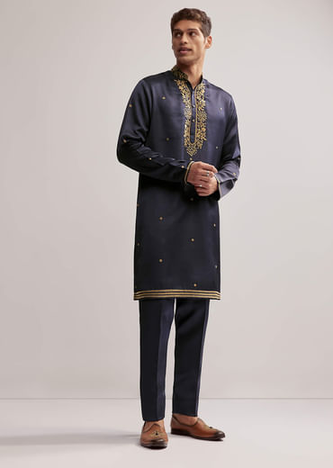 Navy Blue Satin Blend Kurta Set For Men With Zardosi Work
