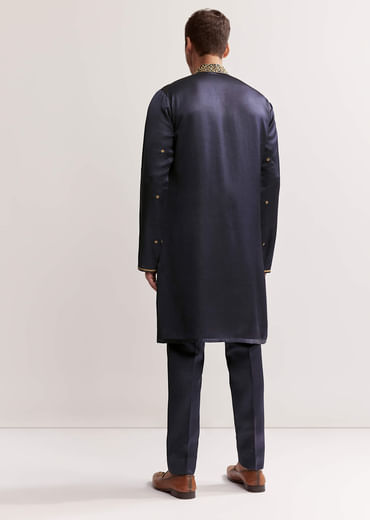 Navy Blue Satin Blend Kurta Set For Men With Zardosi Work
