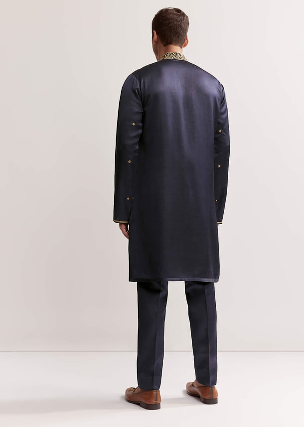 Navy Blue Satin Blend Kurta Set For Men With Zardosi Work