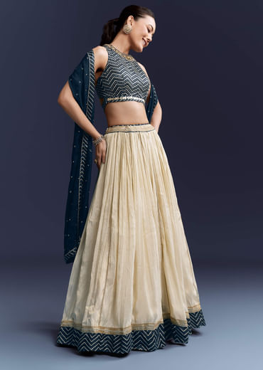 Navy Blue Satin Bridesmaid Lehenga With Hand Dyed Chevron Print Choli