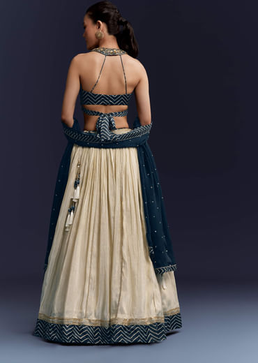 Navy Blue Satin Bridesmaid Lehenga With Hand Dyed Chevron Print Choli