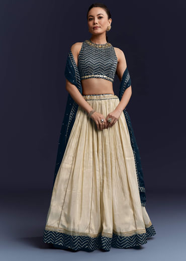 Navy Blue Satin Bridesmaid Lehenga With Hand Dyed Chevron Print Choli
