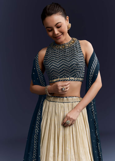 Navy Blue Satin Bridesmaid Lehenga With Hand Dyed Chevron Print Choli