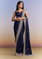 Navy Blue Satin Chinon Saree With Heavy Hand Embroidery