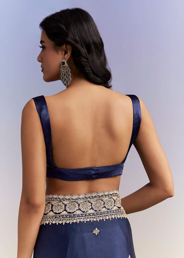 Navy Blue Satin Chinon Saree With Heavy Hand Embroidery