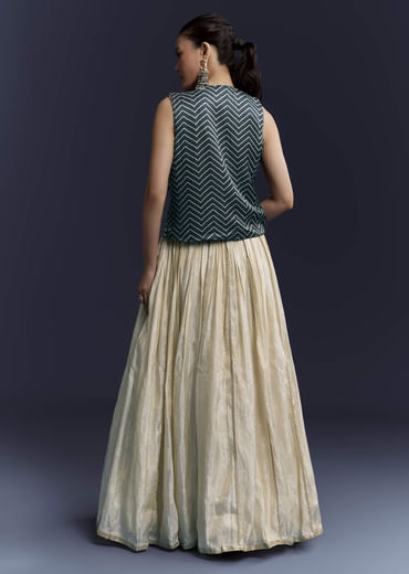 Navy Blue Satin Festive Lehenga With Hand Dyed Chevron Print Jacket