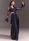 Navy Blue Satin Pleated Saree With Full Sleeve V Neck Blouse