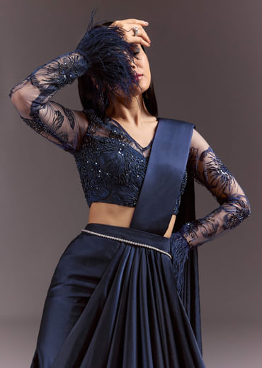 Navy Blue Satin Pleated Saree With Full Sleeve V Neck Blouse