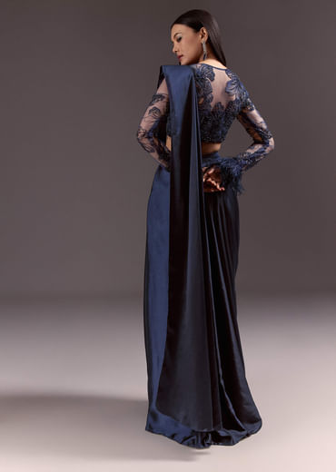 Navy Blue Satin Pleated Saree With Full Sleeve V Neck Blouse