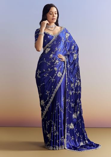 Navy Blue Satin Saree With All Over Floral Jaal Embroidery