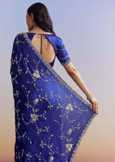 Navy Blue Satin Saree With All Over Floral Jaal Embroidery