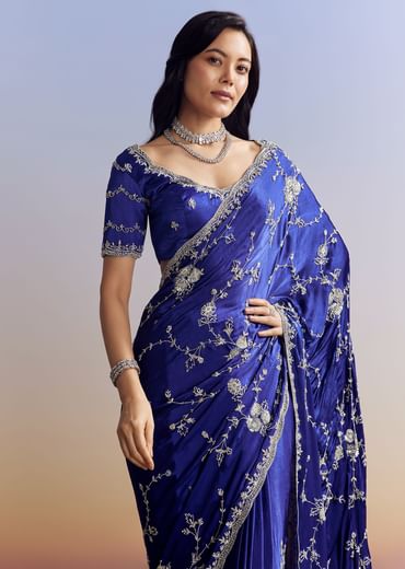Navy Blue Satin Saree With All Over Floral Jaal Embroidery