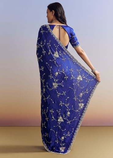 Navy Blue Satin Saree With All Over Floral Jaal Embroidery
