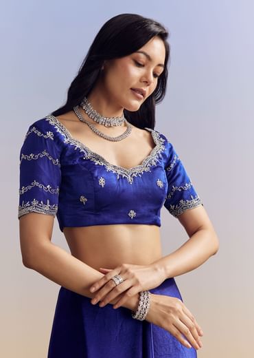 Navy Blue Satin Saree With All Over Floral Jaal Embroidery