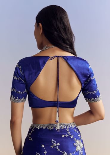 Navy Blue Satin Saree With All Over Floral Jaal Embroidery