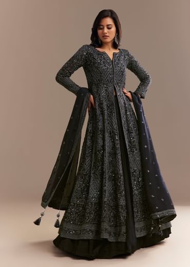 Navy Blue Sequined High Slit Kurta Lehenga Set